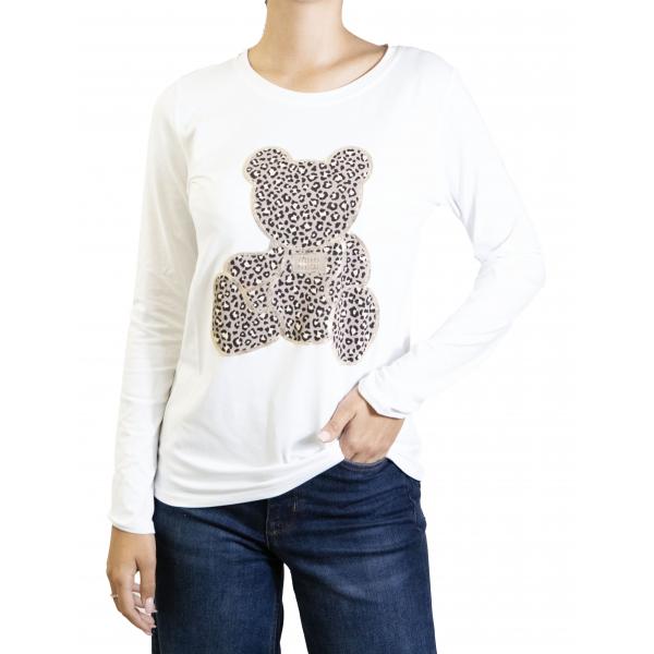 t shirt manica lunga bianca con stampa Orsacchiotto leopardato